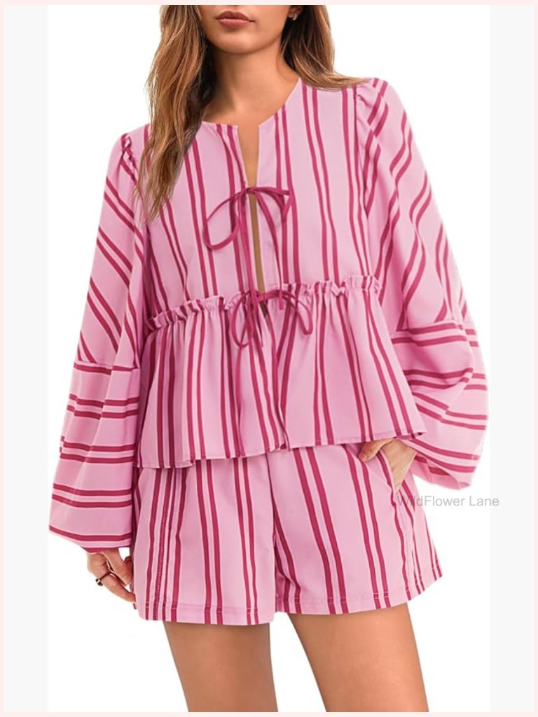 2 Piece Lounge Set Tie Front Peplum Top Shorts Y2k Puff Long Sleeve